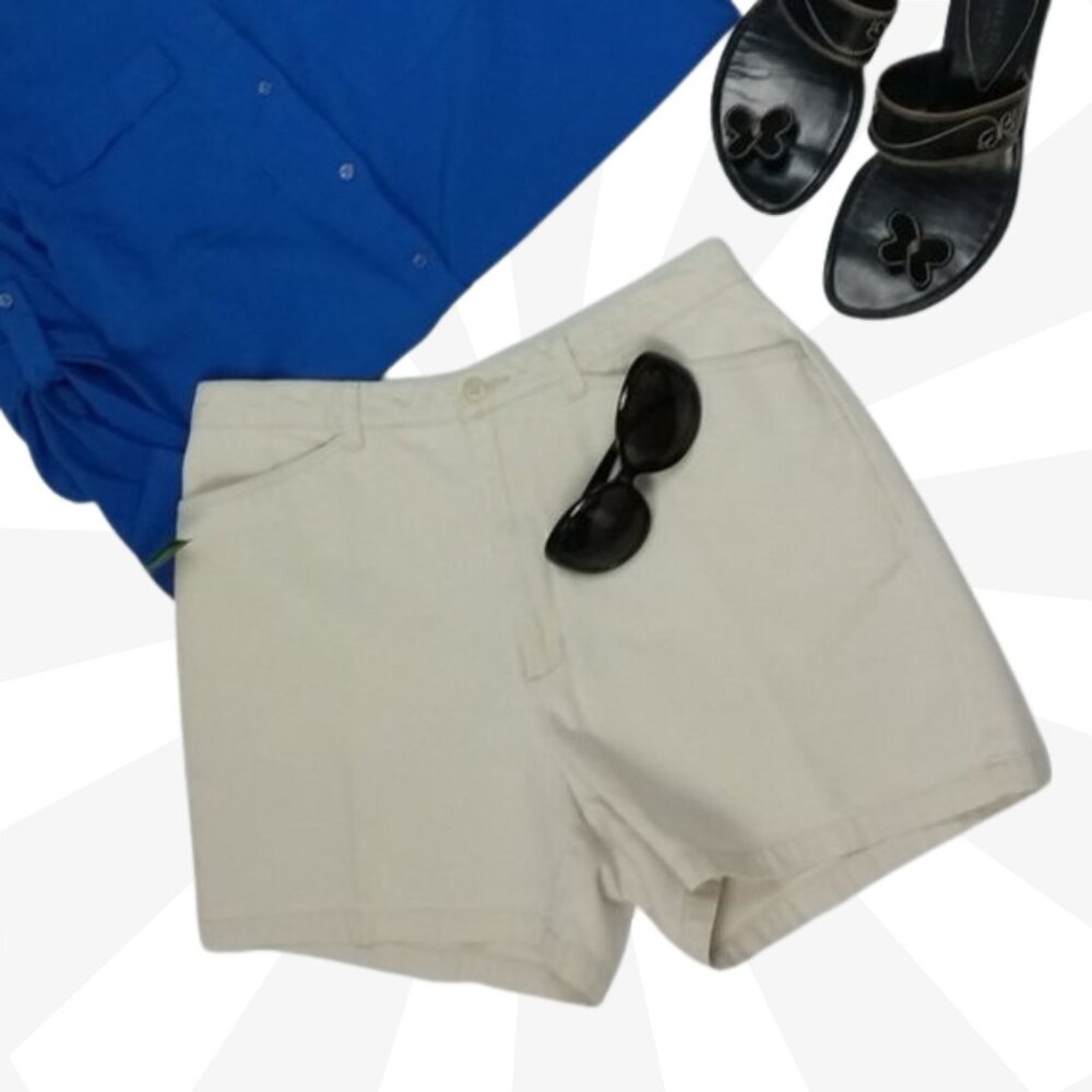 Eddie Bauer Chino Shorts Size 8 Khaki High Waist Pockets Flat Front